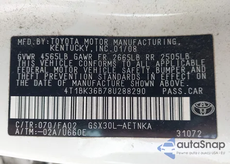 2008 Toyota Avalon Xl z USA, uszkodzony, nr VIN 4T1BK36B78U288290